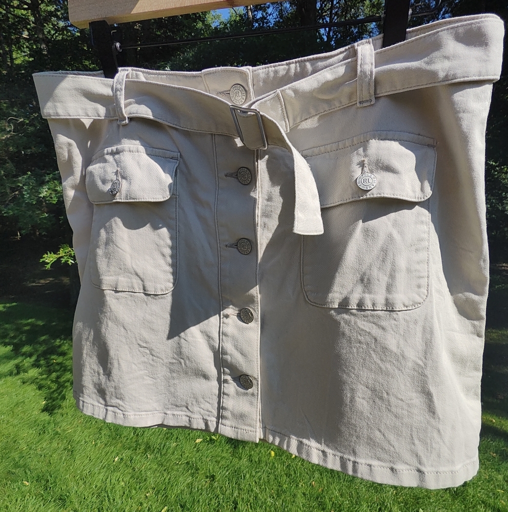 Polo Jeans Ralph Lauren Button Front Mini Skirt Belted Sz 12 Khaki Cream - Picture 3 of 6